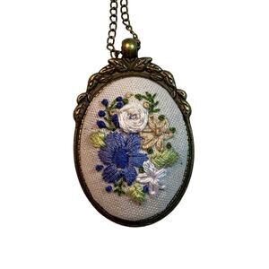 Handmade Blue & Cream Floral Bouquet Embroidery Pendant Necklace